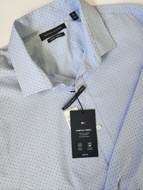 Tommy Hilfiger Mens XL Stretch Casual Button Down Shirt 17.5 34-35 Blue Paisley